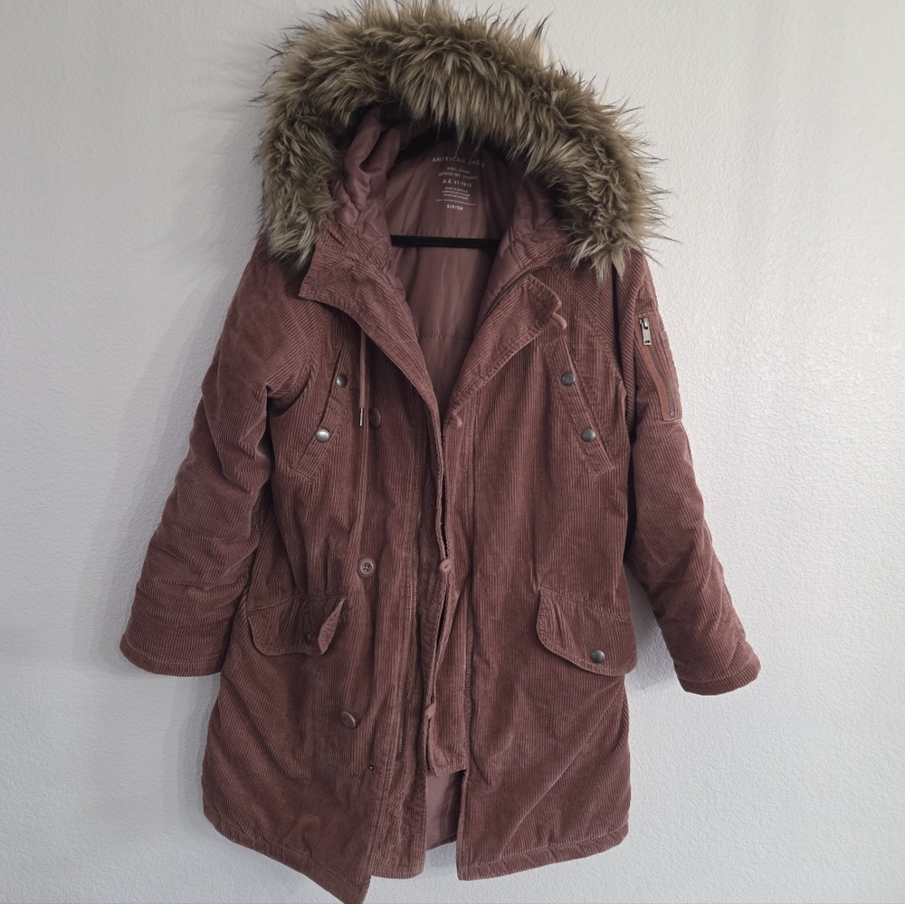 American Eagle Outfitters Parka Size Small Corduroy Coat Fur Hood Dusty Pink